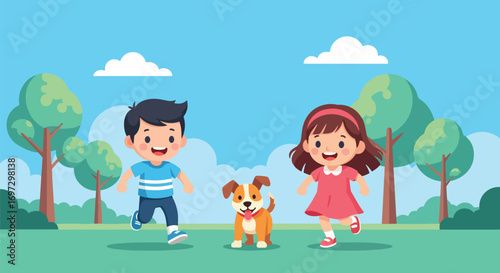 Adobe illustrator artwork vector illustration of happy kids running with their dog in a park, perfect for themes of outdoor play, family, and pet companionship