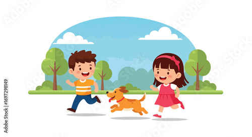 Adobe illustrator artwork vector illustration of happy kids running with their dog in a park, perfect for themes of outdoor play, family, and pet companionship