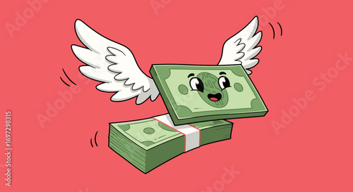 Cartoon illustration featuring flying money with wings, representing financial freedom
