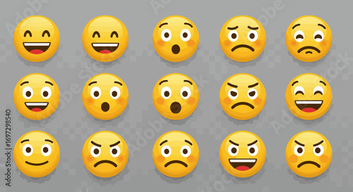 Collection of yellow emoji icons expressing various emotions on a gray background
