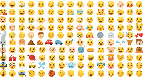 Diverse collection of vibrant emoji icons expressing various emotions and objects