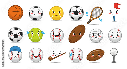 Cute cartoon sports balls with various facial expressions on white background