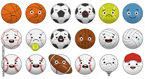 Collection of Animated Sports Balls with Varied Emotional Expressions on a White Background