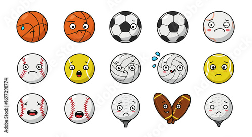 Collection of charming cartoon sports balls with expressive emotional faces