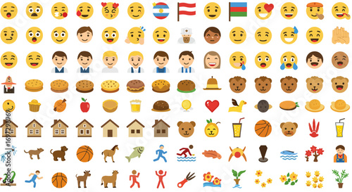 Diverse vector icon collection featuring emojis, food, animals, and various symbols