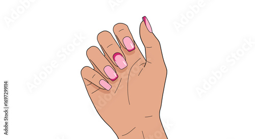 Elegant Hand Illustration Showcasing Modern Pink Manicure Design on Square Nails