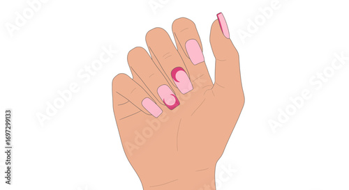 Elegant woman hand showcasing trendy pink manicure and unique nail design