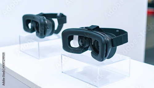 Two Black Virtual Reality Headsets Displayed On Clear Acrylic Risers Against White Background