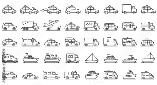 Transportation vehicles line icons set, public and private transportations vector collection