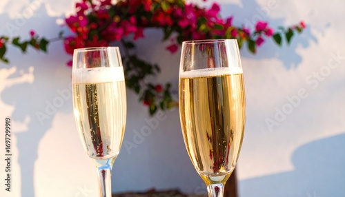 Two Champagne Flutes with Bubbles on Sunny Patio