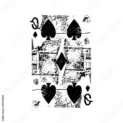 Vector Distressed playing card queen of spades .