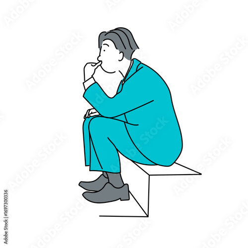 椅子に座り考え込むスーツ姿の男性を描いたベクターイラスト｜ビジネスシーンでの思考や判断を表現したシンプルで分かりやすい人物素材