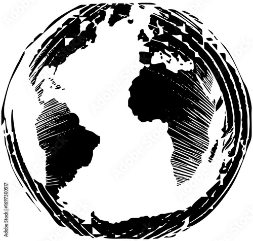 Vector Stylized globe with textured continents and oceans.