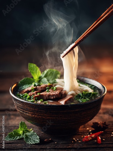 Steam rises as chopsticks lift delicious pho noodles from a bowl filled with broth, fresh herbs, and tender beef, a Vietnamese culinary delight presented beautifully.