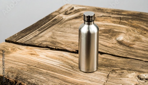 Silver Stainless Steel Water Bottle on Oak Wood Slab