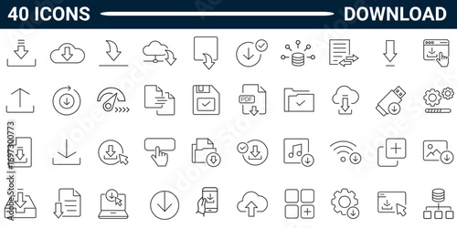 Download line editable icon set. Containing upload, document, link, download file, folder, data and more. Vector Illustration