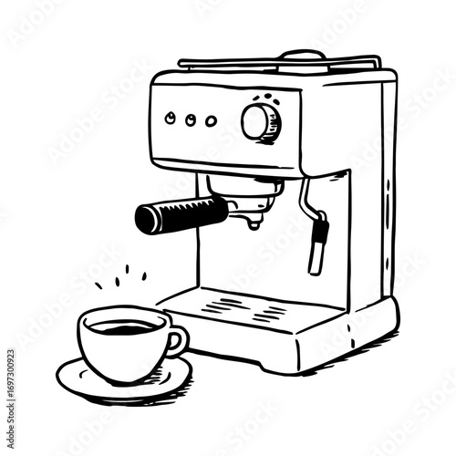 Espresso machine vector with cup, minimalist outline, simple black line drawing.