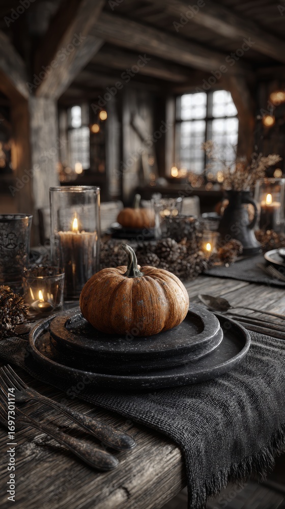custom made wallpaper toronto digitalDark Moody Table Setting for Halloween Dinner, rustic wooden dining table styled with pumpkin centerpiece, layered vintage plates, dark linen textiles, and glowing candlelight, creating cozy gothic