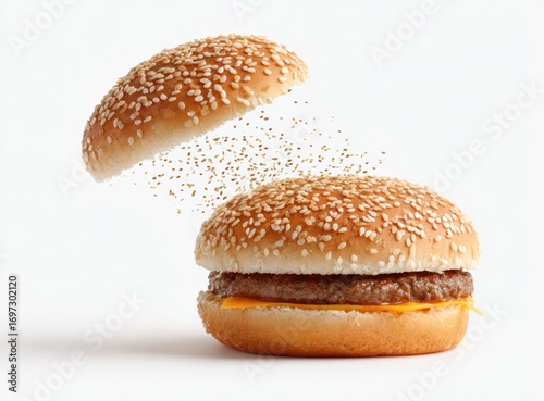 A burger is shown with the top bun suspended above the burger, surrounded by scattered sesame seeds on a white background