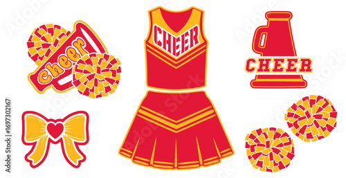 Cheerleading illustration, KANSAS CITY Football pom-poms, a cheerleading uniform, a megaphone, a bow. Vector cheerleading illustration.