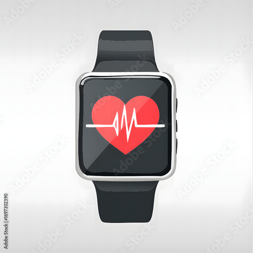 Minimal Flat Vector Illustration of Smartwatch with Heart Rate Icon Isolated on White Background