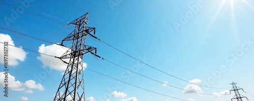 High-voltage power lines against a bright, cloudless sky Clean, crisp image ideal for energy, infrastructure, and industrial projects Provides a sense of scale and power , infrastructure, power line