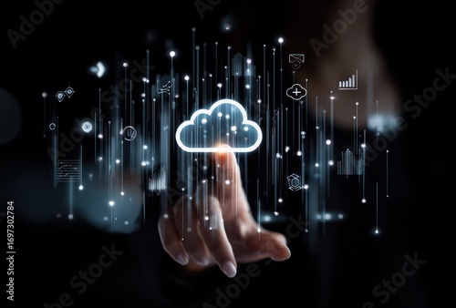 Cloud icon, fingers touching, glowing lines connecting to data symbols against dark backdrop, concept of connectivity