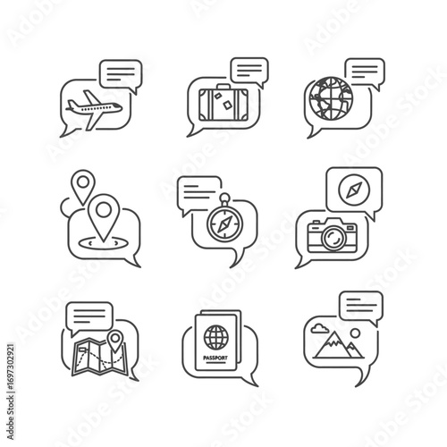 A collection of black and white thin line icons representing travel, tourism, and vacation themes, each enclosed within a speech bubble.