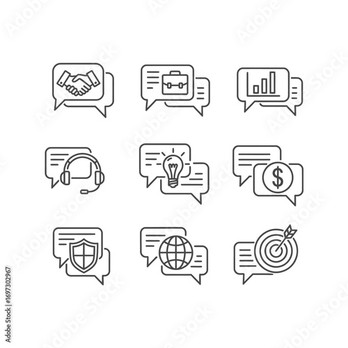 A collection of business communication line icons, including symbols for agreement, finance, goals, and global strategy within speech bubbles.