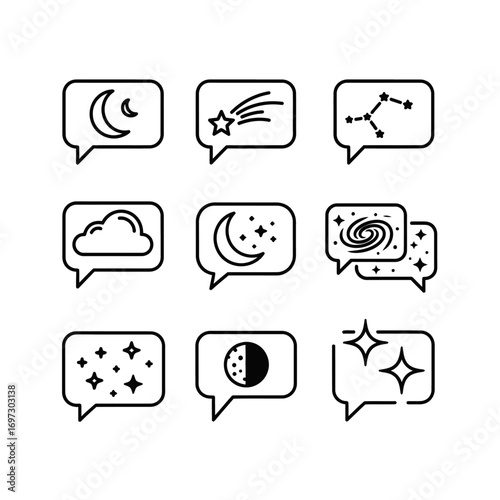 A set of minimalist line art icons featuring night sky and celestial themes like the moon, stars, and galaxies inside speech bubbles.
