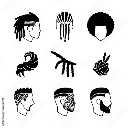 A collection of black and white icons depicting various Black and African hairstyles like dreadlocks, afros, and fades.