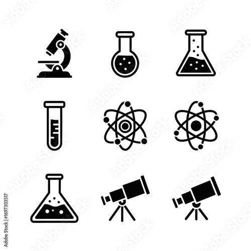 A collection of black science icons representing chemistry, physics, and astronomy on a white background.