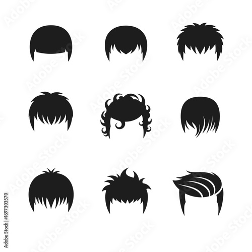 A collection of nine black silhouette icons showcasing various male hairstyles and haircuts on a white background.
