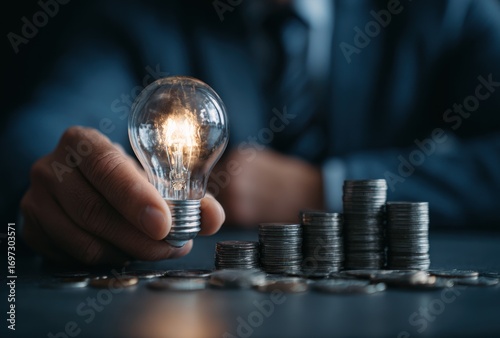 Man holds lit lightbulb over stacked coins; concept of ideas leading to financial growth, dark suit, depth of field