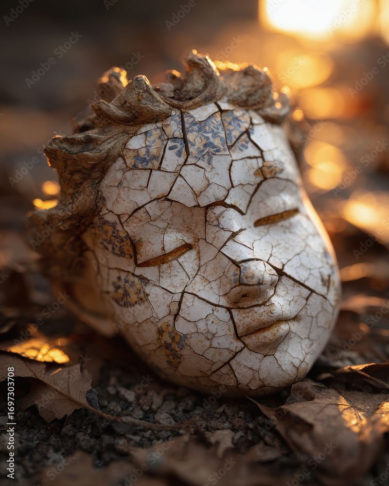 custom made wallpaper toronto digitalSubtle Haunted Vibes Before Halloween Night, cracked ceramic statue head resting on forest floor with dry autumn leaves, symbolic decay and melancholic stillness captured in soft candlelight