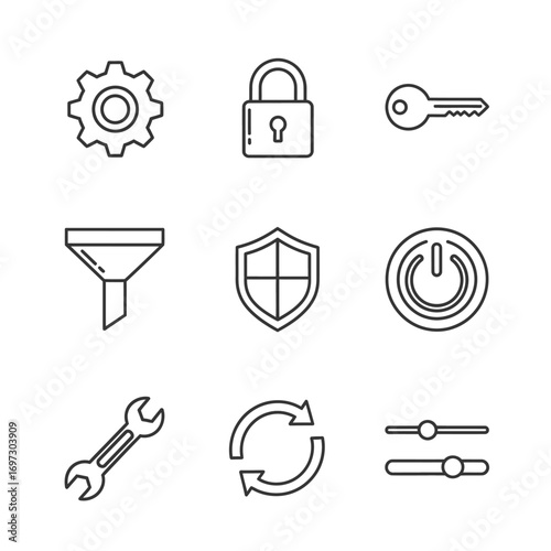 A set of nine universal thin line icons for user interfaces, representing settings, security, and controls.
