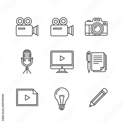 A collection of thin line icons representing creative media, content creation, and production tools.