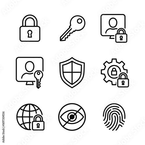 A collection of black line icons representing digital security, privacy, and user authentication concepts.