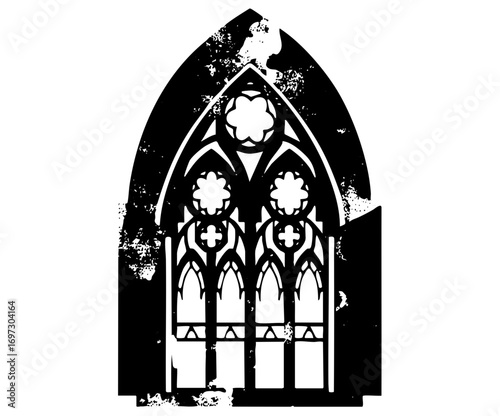 Vector Detailed gothic window with floral and cross motifs.