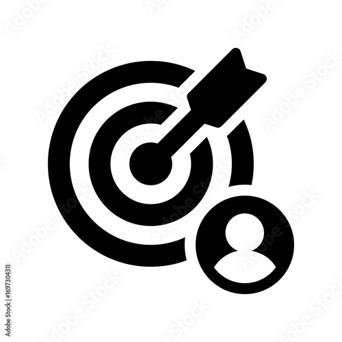 Solid icon of a user avatar with target and arrow, symbolizing user targeting, audience focus, marketing strategy, precision outreach, customer acquisition, and personalized interaction.
