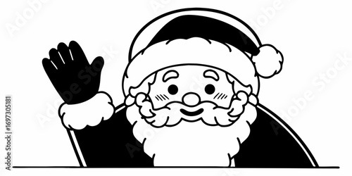 Illustration of santa claus waving with a black glove and wearing a hat with a white pom pom trim