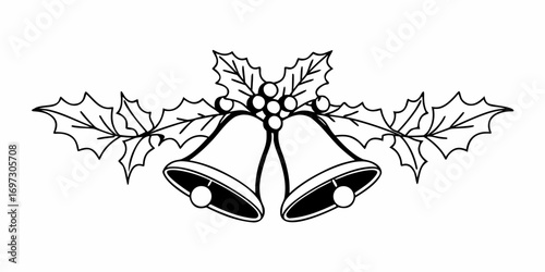 Illustration of christmas bells with holly leaves and berries in black and white outline style image