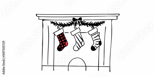 Illustration of a fireplace with three christmas stockings hanging with a bow and pine garland decor 100