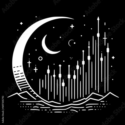 Minimalist black and white vector of stock market candlestick chart, simple line art financial trading symbol for investment and analysis