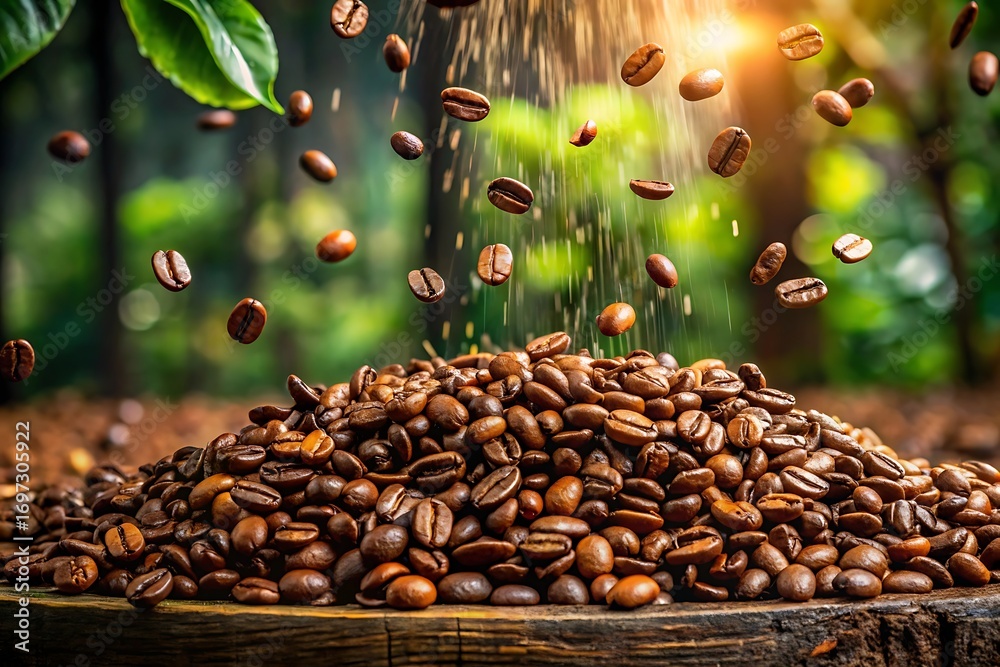 Obraz premium Aromatic coffee beans cascading onto a pile of roasted coffee beans