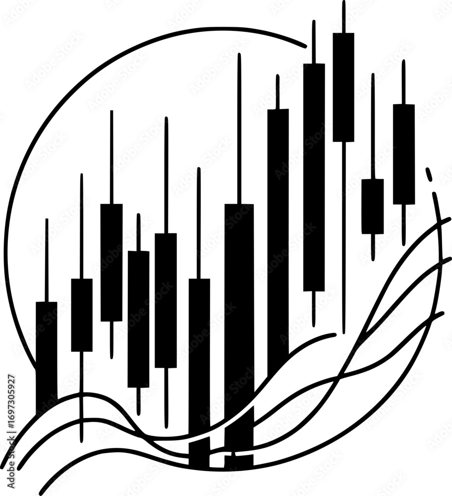 Obraz premium Minimalist black and white vector of stock market candlestick chart, simple line art financial trading symbol for investment and analysis