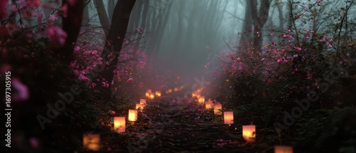 A serene path illuminated by glowing lanterns, surrounded by misty trees and blooming flowers, creating a magical atmosphere.