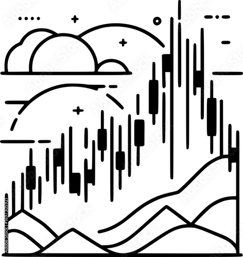 Minimalist black and white vector of stock market candlestick chart, simple line art financial trading symbol for investment and analysis