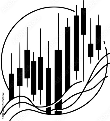 Minimalist black and white vector of stock market candlestick chart, simple line art financial trading symbol for investment and analysis