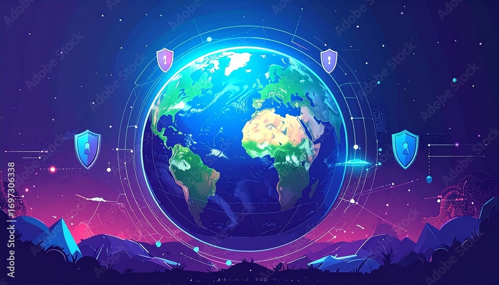 Fototapeta premium An isometric illustration of a global cybersecurity network with a central earth and two large, glowing shields on either side, representing worldwide data protection 